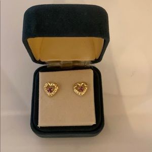 Gold heart earrings with pink rhinestones